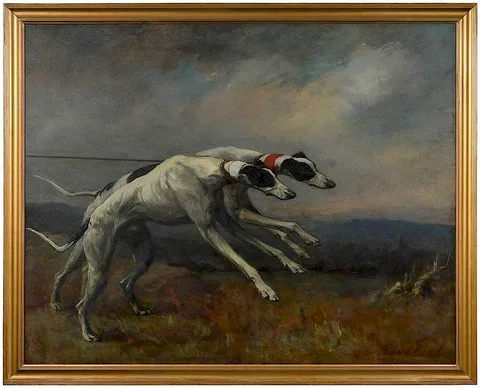 Maud Earl, In The Slips, Two Black and White Greyhounds, oil on canvas