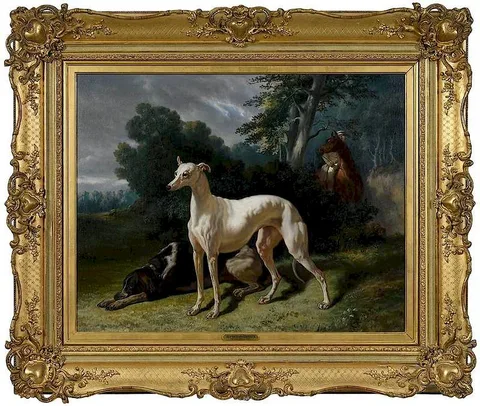 Alfred de Dreux, Two Hounds and a Hunter on Horseback in a Wooded Landscape, oil on canvas
