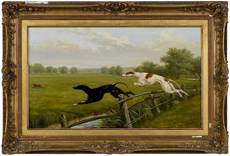 Greyhounds Racing a Rabbit by Thomas Blinks, oil on canvas, sold Nov 2019