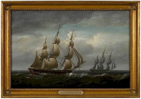 Nicholas Pocock, The H.M.S. Emerald and the H.M.S. Amethyst Chasing the French Frigate Niemen, 9th April, 1809, oil on canvas