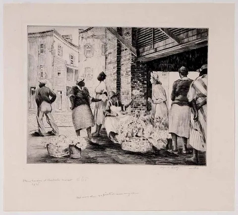 Flower Vendors at Charleston Market (H.201) by Alfred Heber Hutty, drypoint etching on cream paper, sold Jan 2017