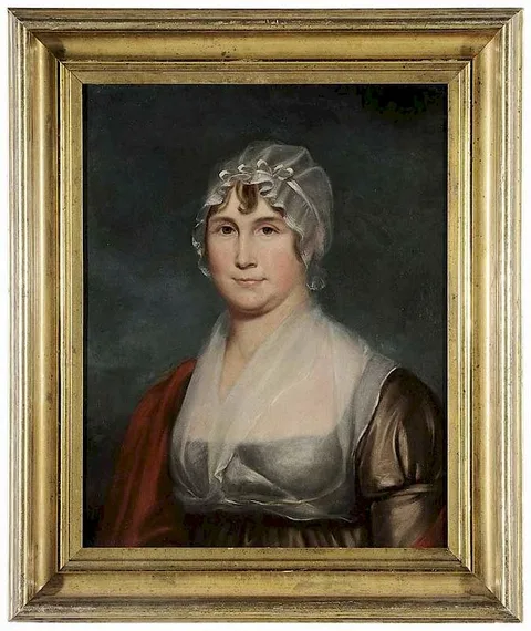 Charles Willson Peale, Portrait of a Quaker Woman, wearing a fichu and cap and a brown satin gown, oil on canvas