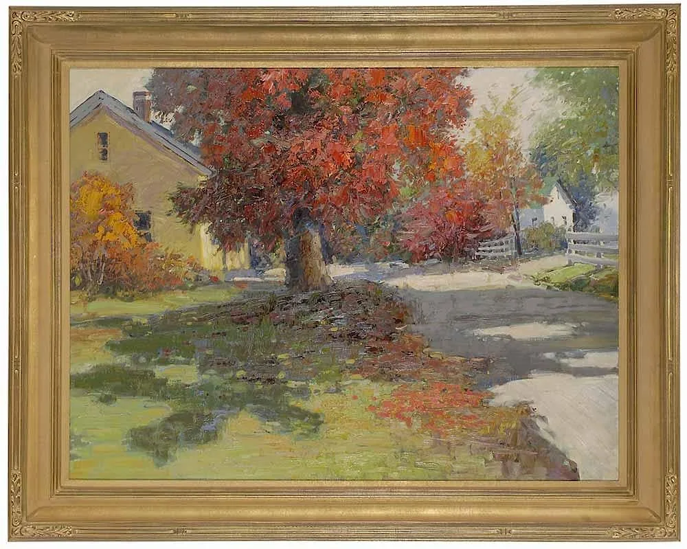 Kent R. Wallis, Houses on a Sunlit Lane, Autumn, oil on canvas