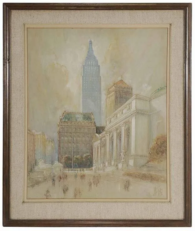 John Albert Seaford, The New York Public Library, Empire State Building in distance, pastel and watercolor on illustration board