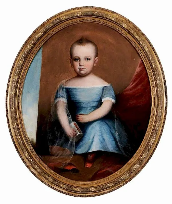 Aaron Eshelman, Portrait of a Child in Blue Holding a Book, oil on canvas