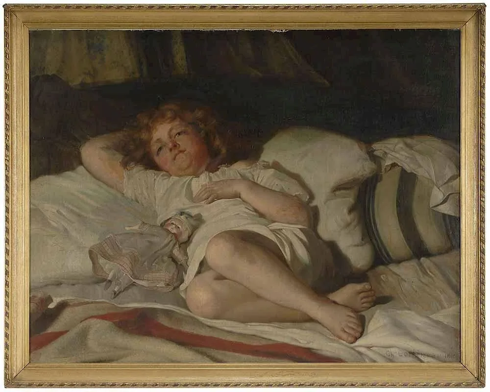 Charles Auguste Corbineau, Child Resting with Doll, 1866, oil on canvas