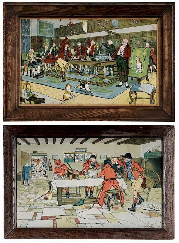 Cecil Aldin, Two Interior Sporting Scenes, circa 1900, chromolithograph on paper
