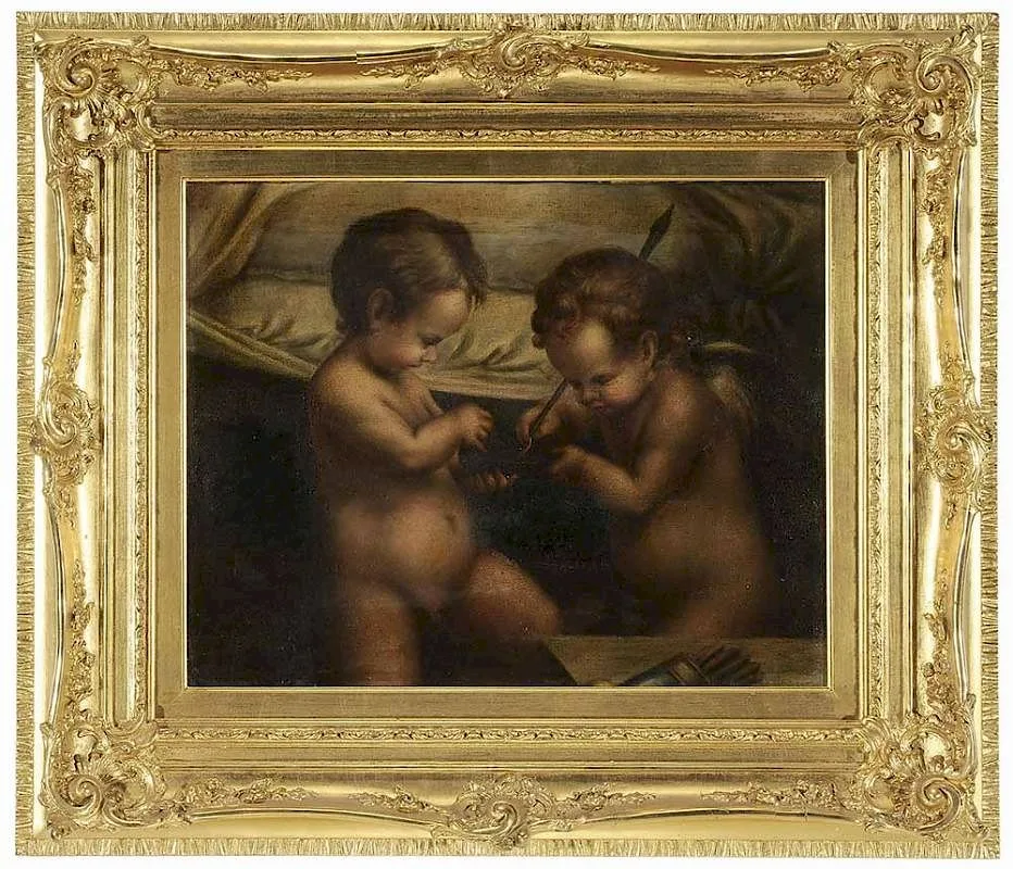 B. Maie Weaver, Cupid Preparing His Arrow, a copied detail from Danaë by Correggio (Italian, oil on canvas