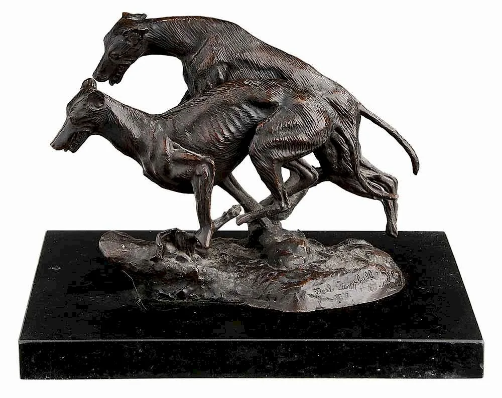 Neil Campbell, Running Greyhounds, patinated bronze on black marble base