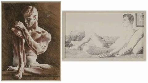 David Eugene Henry, Two sketches of male nudes: Seated, mixed media