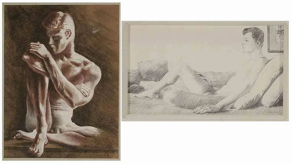 David Eugene Henry, Two sketches of male nudes: Seated, mixed media