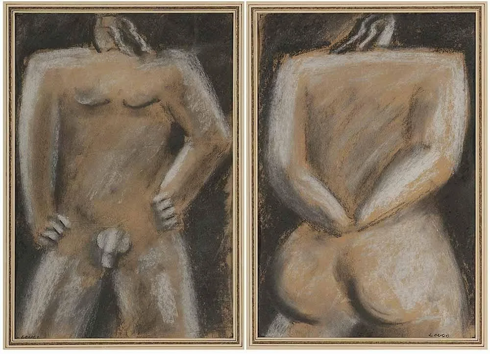 Longo, Two figure studies, Nudes, chalk on brown paper