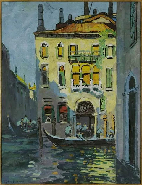 Jane Peterson, Gondolas in a Venetian Canal, circa 1910, gouache on gray/green paper