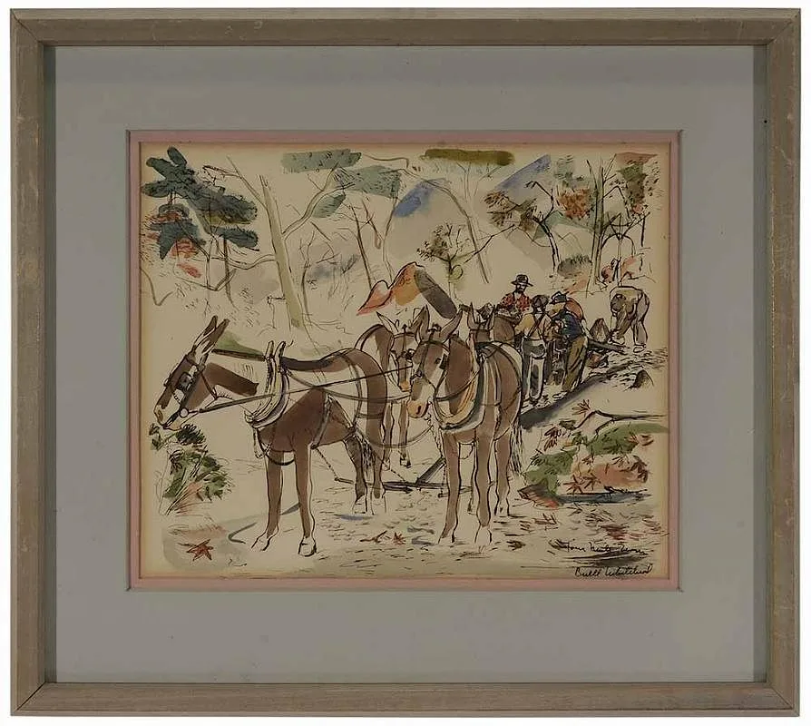 Buell Whitehead, Four Mule Team, ink and watercolor on paper