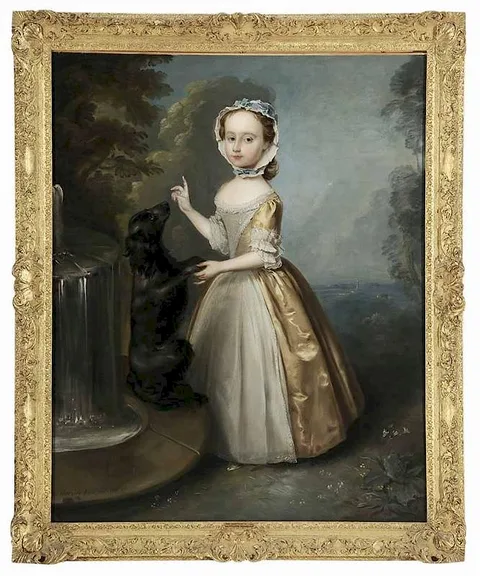 Philippe Mercier, Miss Wentworth (probably either Elizabeth, born 1730, or Julia, born 1733) a young girl in a formal garden with dog begging on the edge of a fountain, oil on canvas