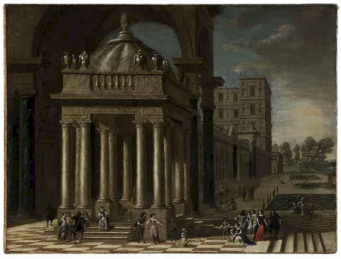 Jacobus Ferdinandus Saey, A Classical Portico with Fountain, Elegant Company on a Palatial Terrace with Formal Gardens, oil on canvas