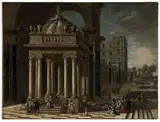 A Classical Portico with Fountain, Elegant Company on a Palatial Terrace with Formal Gardens, Brunk Auctions 2016