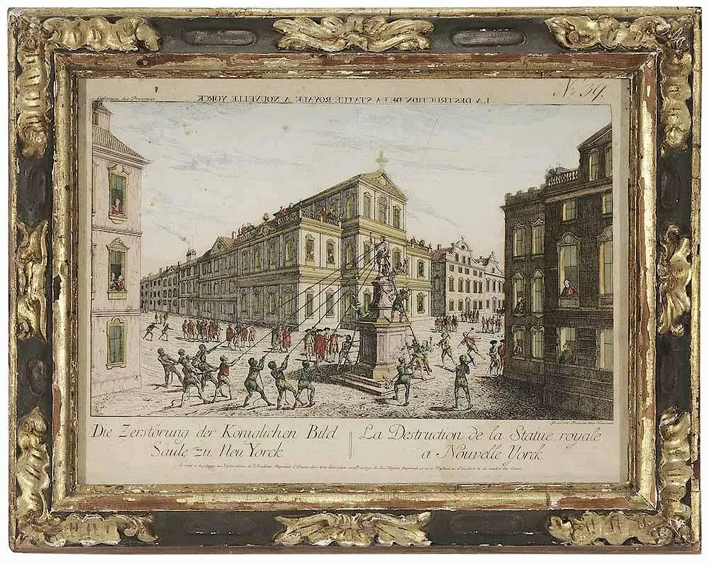 Francois X. Habermann, La Destruction de la Statue royale a Nouvelle Yorck, Augsburg: 1776, engraving