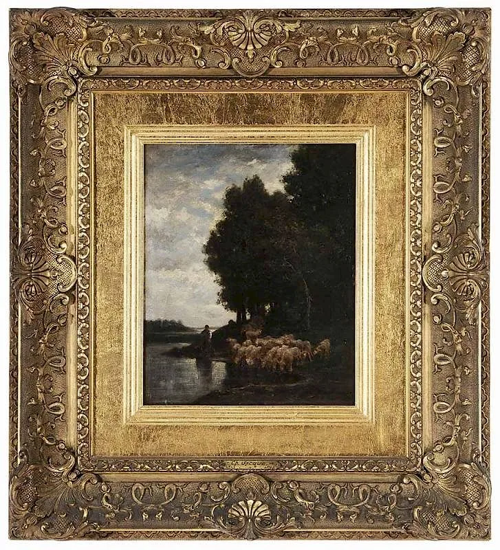 Charles Jacque, Shepherdess Watering Sheep by a River, oil on paper