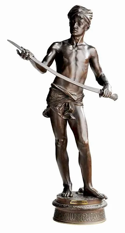 David by Jean Jules Cambos, patinated bronze on bronze base with calligraphic frieze, sold Nov 2016