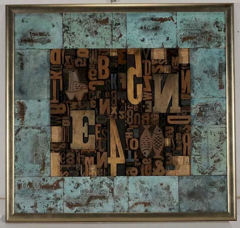 Merton Brown, Three dimensional wall hanging comprised of copper printing plates and wooden type letters, not apparently signed, mixed media on wood