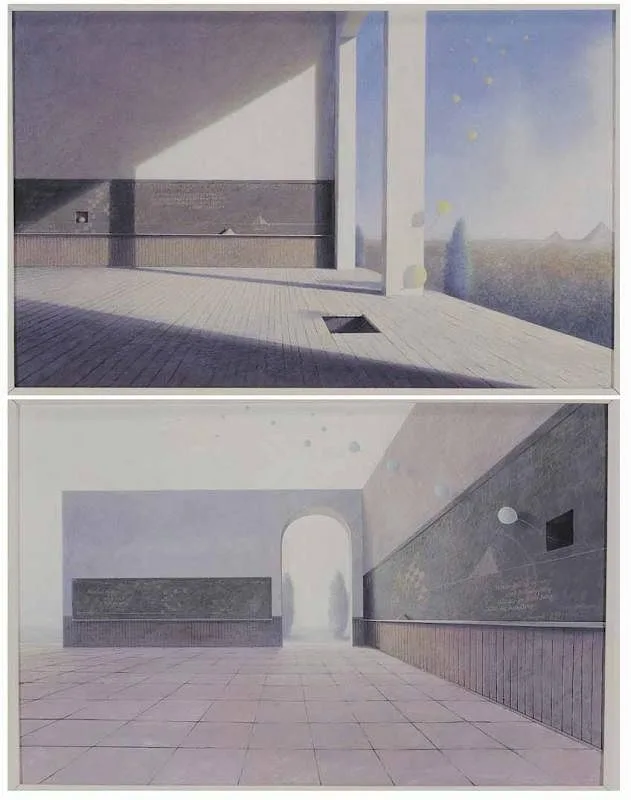 Charles Gatewood, Two works: Surreal Classrooms, 1995, egg tempera on paper