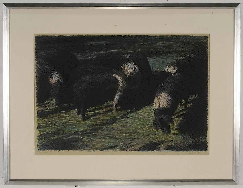 Robert Marsh, Pigs in a pasture, lithograph on paper