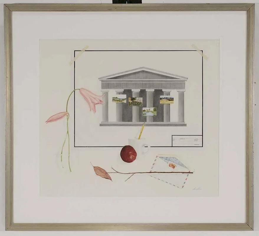 Trompe l'oeil drawing with architectural elevation by Mari Conneen, watercolor on paper, sold Oct 2016