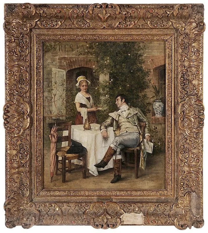 Maurice Poirson, Gentleman Taking Tea in a Courtyard, oil on canvas