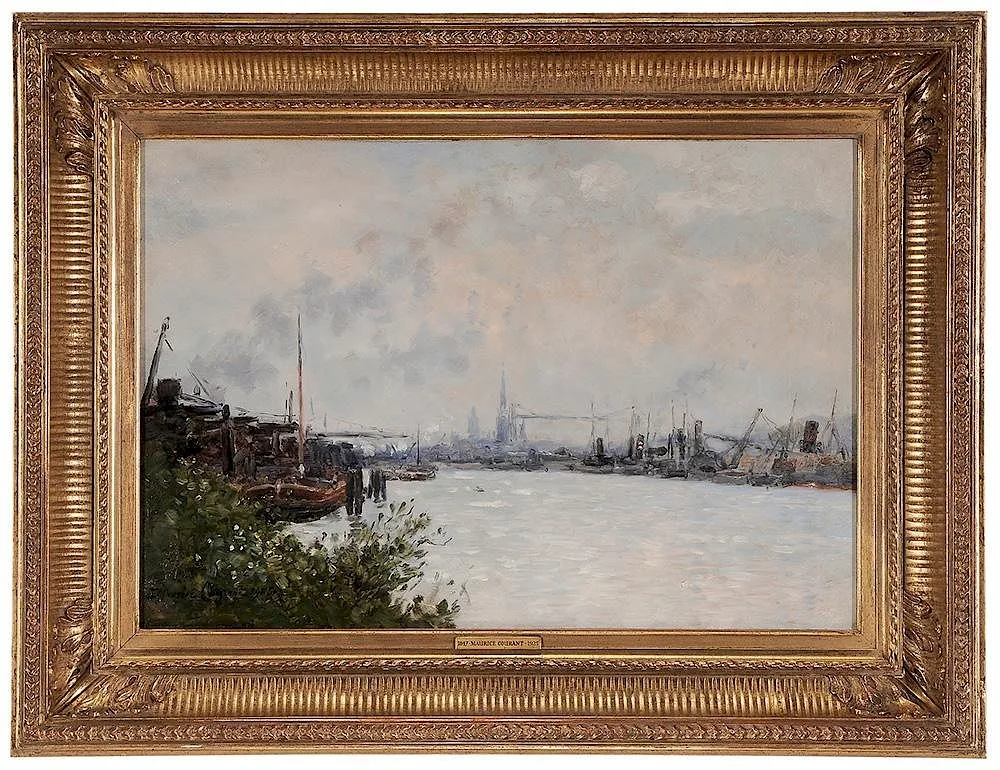 Maurice Courant, [Le port de Rouen, France], Notre-Dame de Rouen in distance, 1905, oil on panel