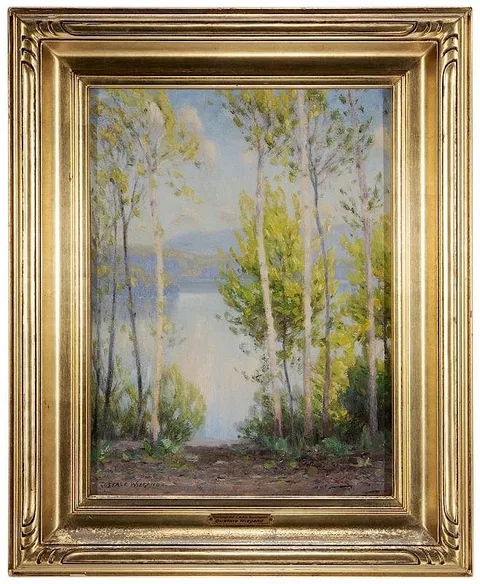 Gustave Adolph Wiegand, Spring at Lake Sunapee, New Hampshire, oil on canvasboard stamped "Lee's Art Shop…New York City"