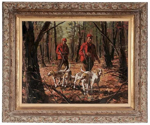 Arthur Sarnoff, Hunters with Hounds Trekking Through Woods, oil on Masonite