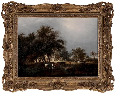 Edward Williams, Cows Watering  by a Sunlit Clearing, oil on panel
