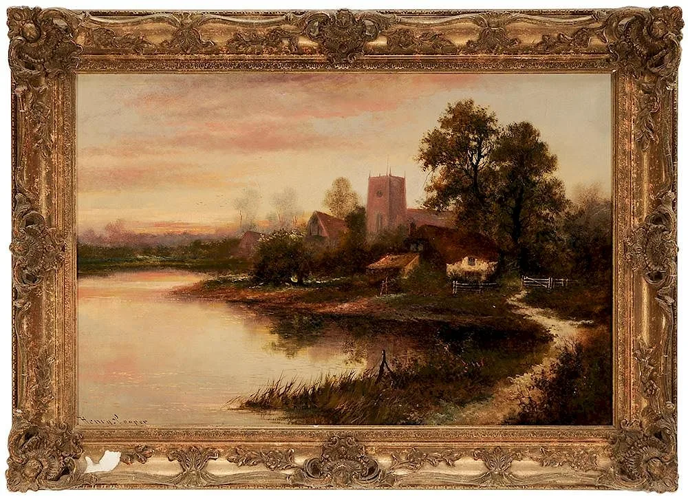 Henry M. Cooper, Landscape With Village by a River at Sunset, oil on canvas