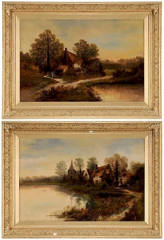 A.H. Cole, Two landscapes with cottages: Returning Home and End of the Day, oil on canvas