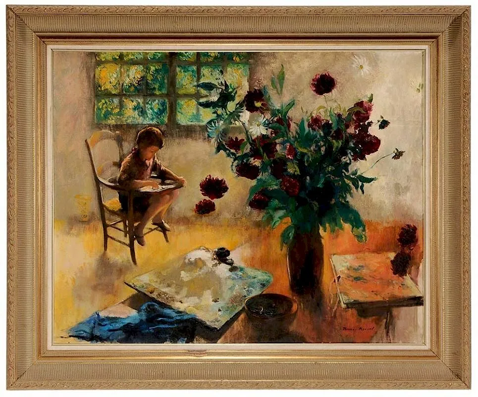 Pierre Roussel, Olivier Painting in the Studio with Vase of Dahlias, oil on canvas
