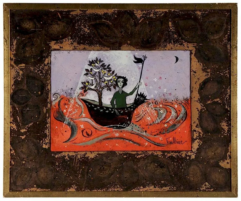 Henry Faulkner, Figure in a Chicken Boat, gouache on Masonite
