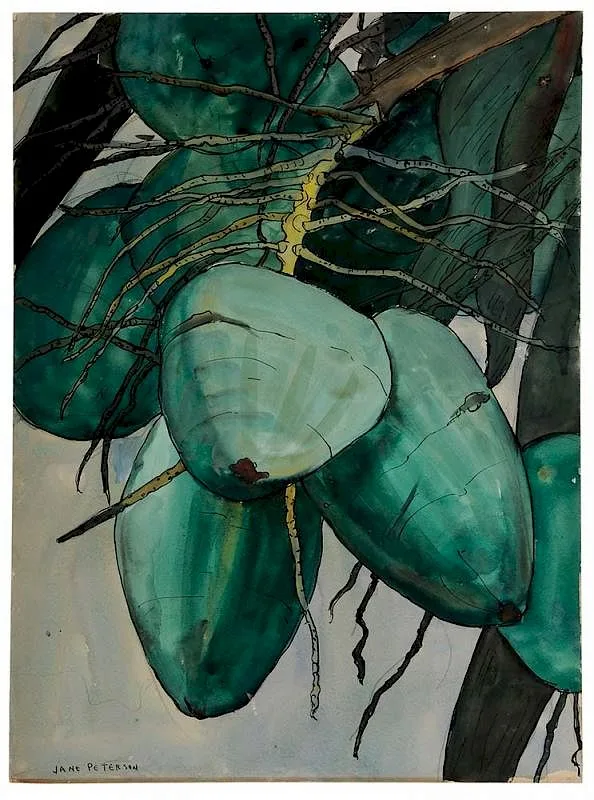 Green Coconuts by Jane Peterson, mixed media on Crescent watercolor board, sold Jul 2016