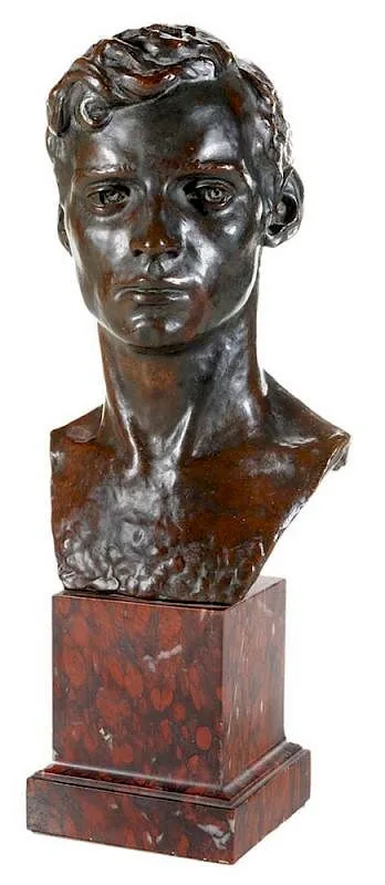 Bust of the Artist's Husband, Harry Payne Whitney by Gertrude Vanderbilt Whitney, 1906, patinated bronze on red marble plinth, sold Jul 2016