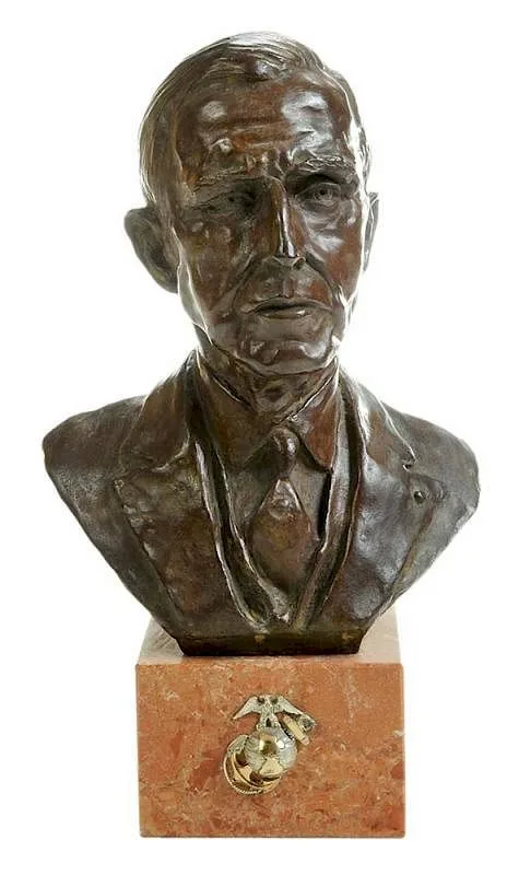 Felix de Weldon, Portrait Bust of an Admiral, patinated bronze on orange marble base