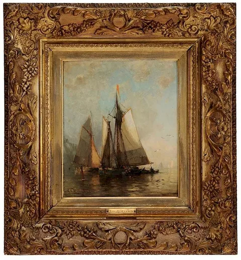 Sailing Vessels in a Harbor by George McCord, oil on canvas, sold Jul 2016