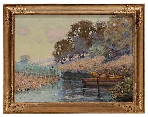 Royal Hill Milleson, Boats Tied to Shore, oil on canvas