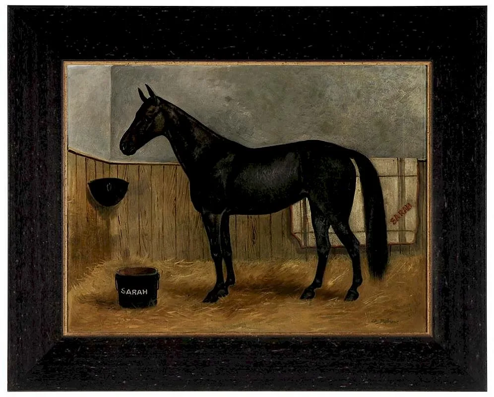 Portrait of the horse, "Sarah" in a loose box by Thomas Dalton Beaumont, oil on canvas, sold Jul 2016