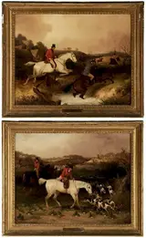William Joseph Shayer, Two fox hunting scenes: The Chase and The Hunt, one signed lower right, one on log at left "W.J. Shayer 1851