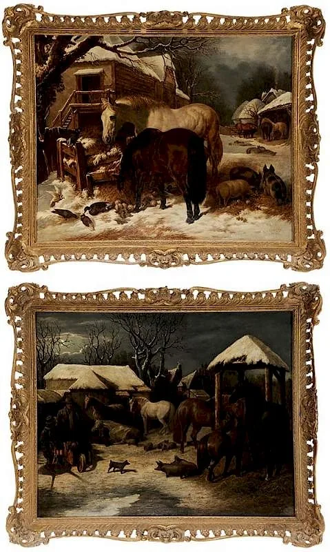 William Willoughby, Two evening winter farm scenes: Farmer Feeding the Animals, oil on canvas
