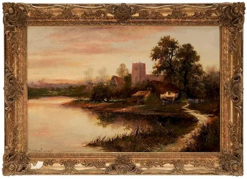Henry M. Cooper, Landscape With Village by a River at Sunset, oil on canvas