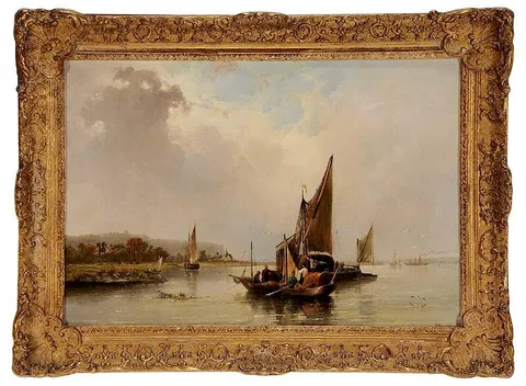 John Frederick Tennant, Norfolk River with Fishermen, oil on canvas