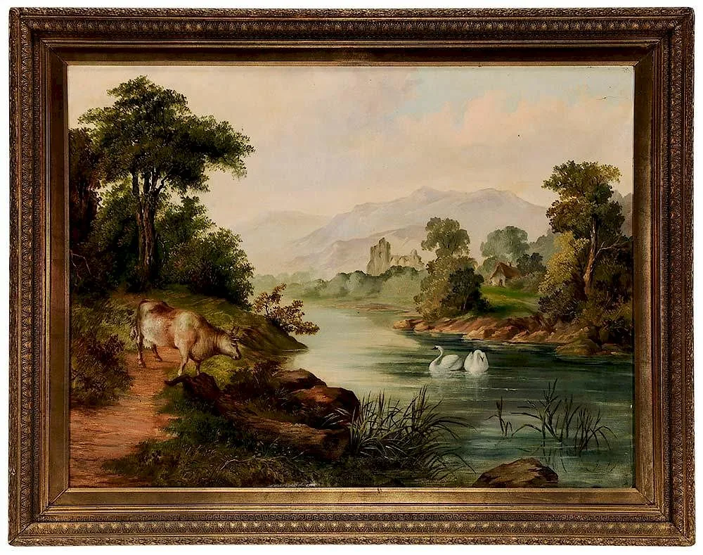 William Arthur, Cow and Swans in a Landscape with River, oil on canvas