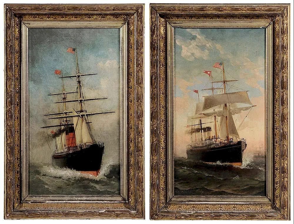 Frederick Pansing, A pair of steamer ships: White Star Line's [Oceanic], Cunard Line's [Aurania], both identified on the bow, one signed lower left "Fred Pansing, oil on card