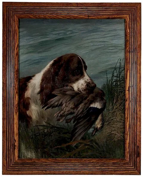 Maud Earl, Spaniel Retrieving a Duck, 1898, oil on fiber board